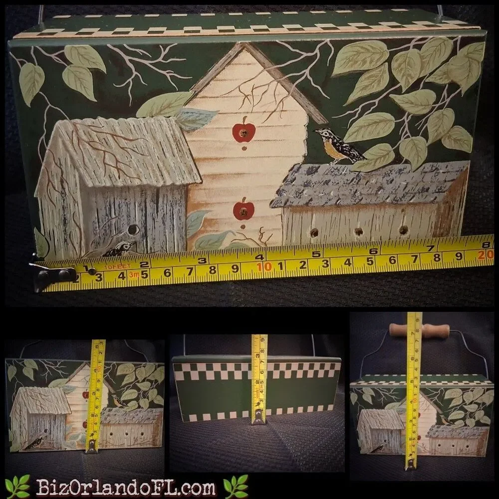 VINTAGE: Handpainted Wooden Folk Art Box Birdhouse Scene Wire Handle Wooden Grip